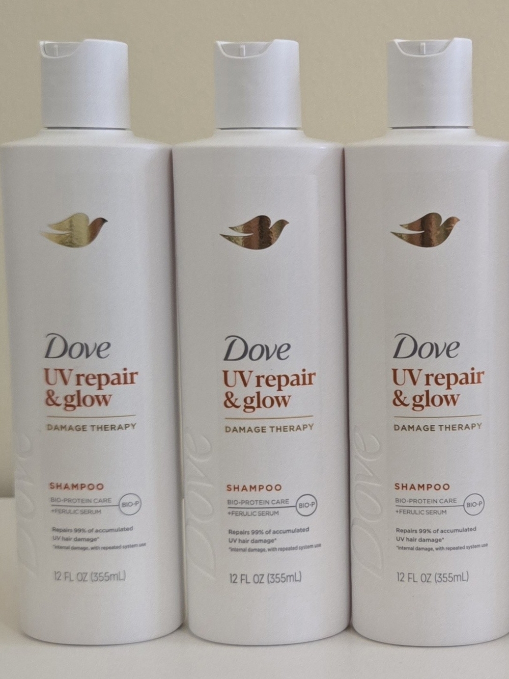 Dove UV Repair & Glow Damage Therapy Shampoo Set - 3 White Bottles 12oz Ea